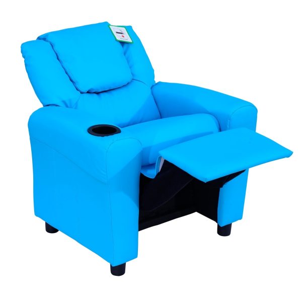 Kids Children Recliner Lounger Armchair Games Chair Sofa Seat PU Leather Look w/ Cup Holder Blue