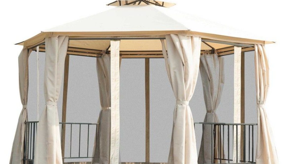 Outsunny 3 X 3M Hexagon Gazebo Patio Canopy Party Tent Outdoor Garden Shelter With 2 Tier Roof & Side Panel - Beige