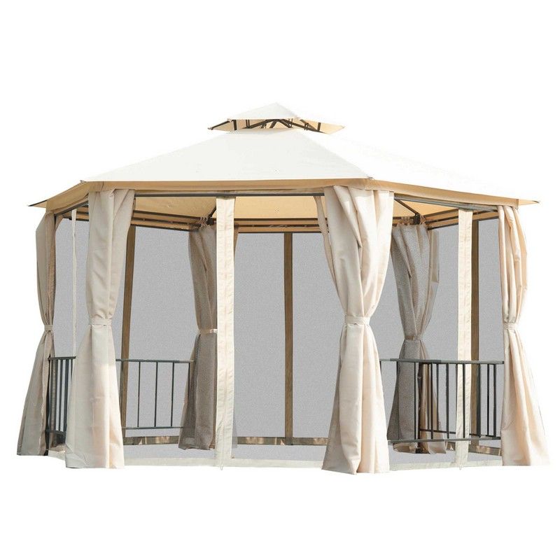 Outsunny 3 X 3M Hexagon Gazebo Patio Canopy Party Tent Outdoor Garden Shelter With 2 Tier Roof & Side Panel - Beige