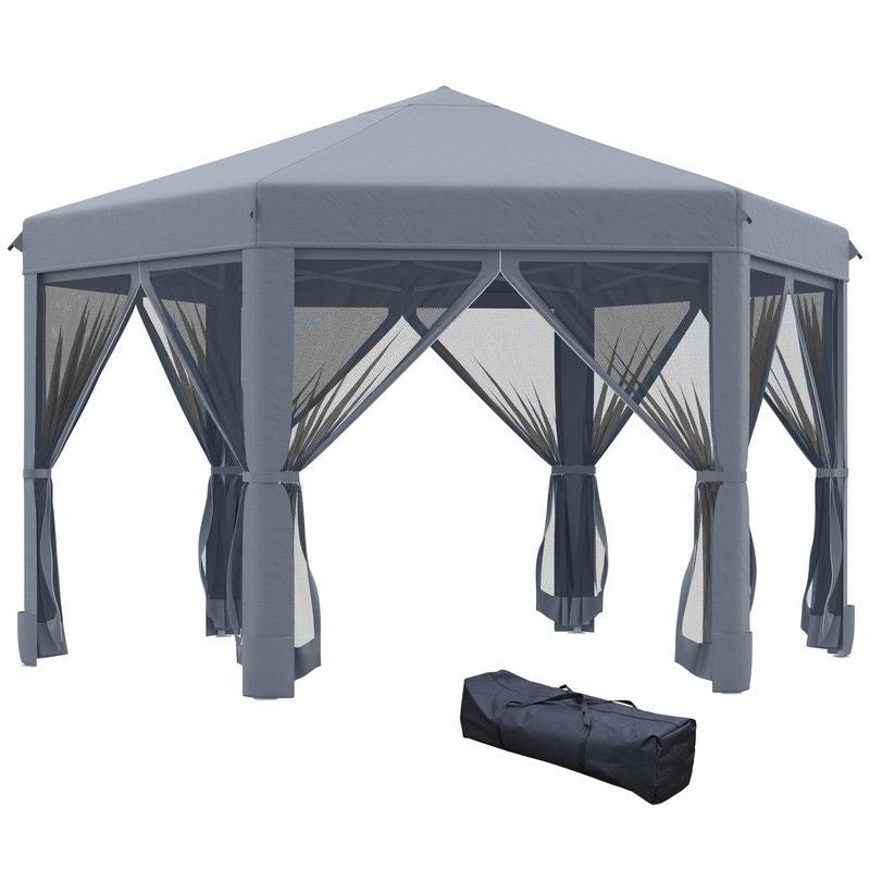 Outsunny 3.2 x 3.2M Pop Up Gazebo Hexagonal Canopy Tent Outdoor Sun Protection With Mesh Sidewalls Handy Bag Grey