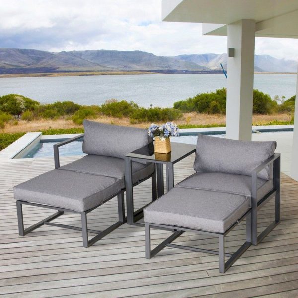 Outsunny 5 Piece Garden Conversation Set Sun Lounger 2 Footstools End Table with Cushions