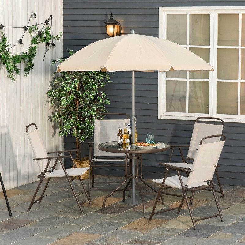 Outsunny Garden Patio Texteline Folding Chairs Plus Table and Parasol Furniture Bistro Set 6 Pieces - Black/Cream