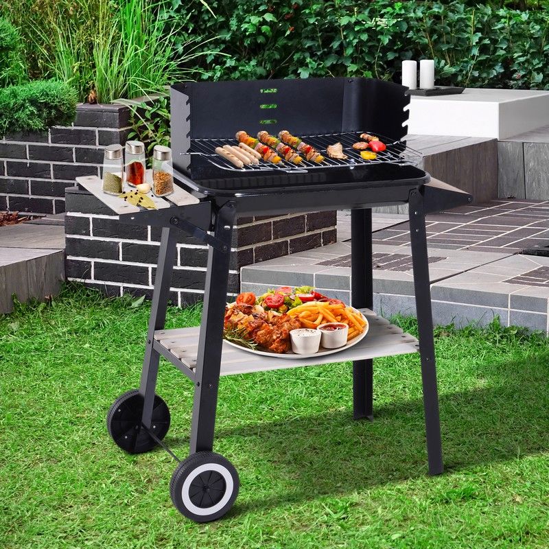 Outsunny Trolley Charcoal BBQ Barbecue Grill Outdoor Patio Garden Heating Smoker with Side Trays Storage Shelf and Wheels