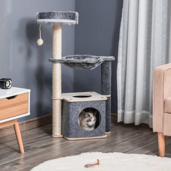 PawHut Cat Tree for Indoor Cats 95cm Climbing Tower Kitten Activity Center with Sisal Scratching Post Perch Roomy Condo Hammock Removable Felt Hanging Toy