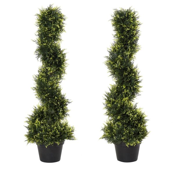 Set Of 2 90cm/3FT Artificial Spiral Topiary Trees w/ Pot Fake Indoor Outdoor Greenery Plant Home Office Garden Décor Green