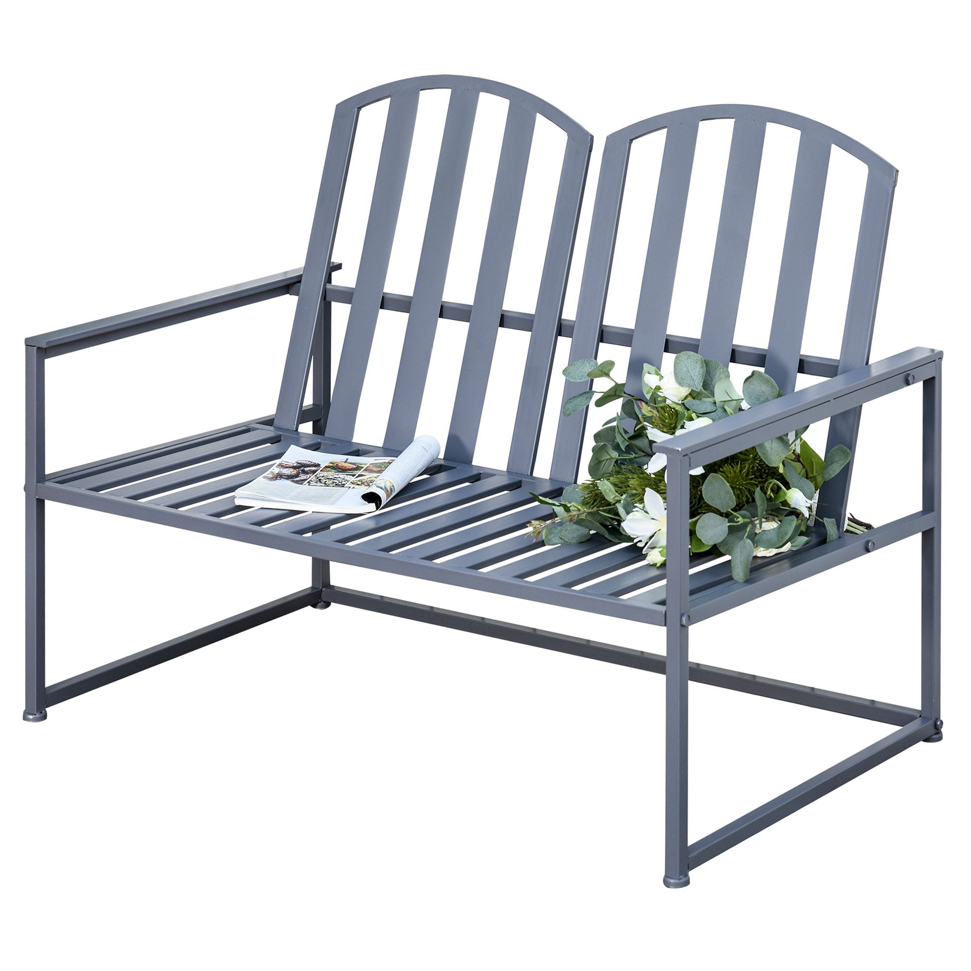 Steel Patio Garden Bench Loveseats for Outdoors Park Yard Slatted Design Grey