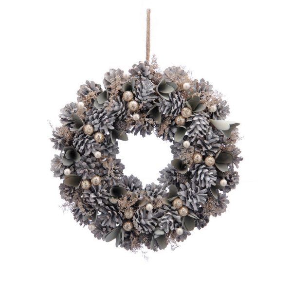 Wreath Christmas Decoration Green & Gold with Frosted Pattern - 36cm