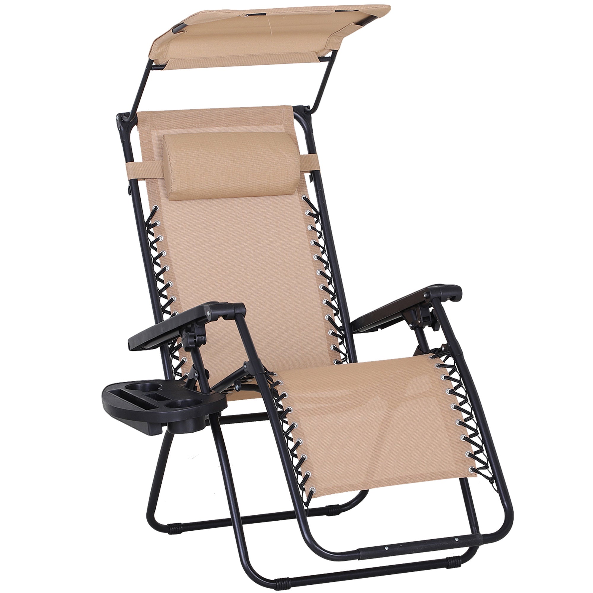 Zero Gravity Garden Deck Folding Chair Texteline Patio Sun Lounger Reclining Seat with Cup Holder & Canopy Shade - Beige