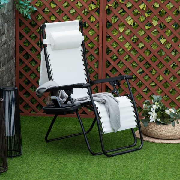 Zero Gravity Garden Folding Patio Sun Lounger w/Cup Holder & Canopy Shade White