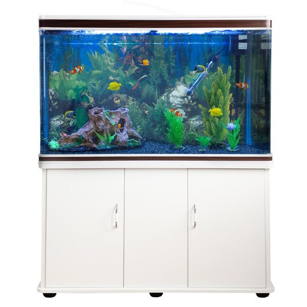 Aquarium Fish Tank & Cabinet with Complete Starter Kit - White Tank & Blue Gravel - EU Plug