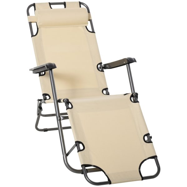 2 in 1 Sun Lounger Folding Reclining Chair Garden Outdoor Camping Adjustable Back with Pillow Beige