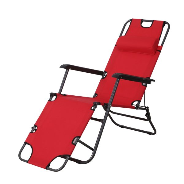 2 in 1 Sun Lounger Folding Reclining Chair Garden Outdoor Camping Adjustable Back with Pillow Red