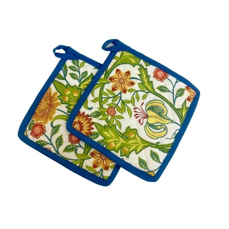 2x Sussex Pot Holder Cotton Blue with Floral Pattern - 21cm