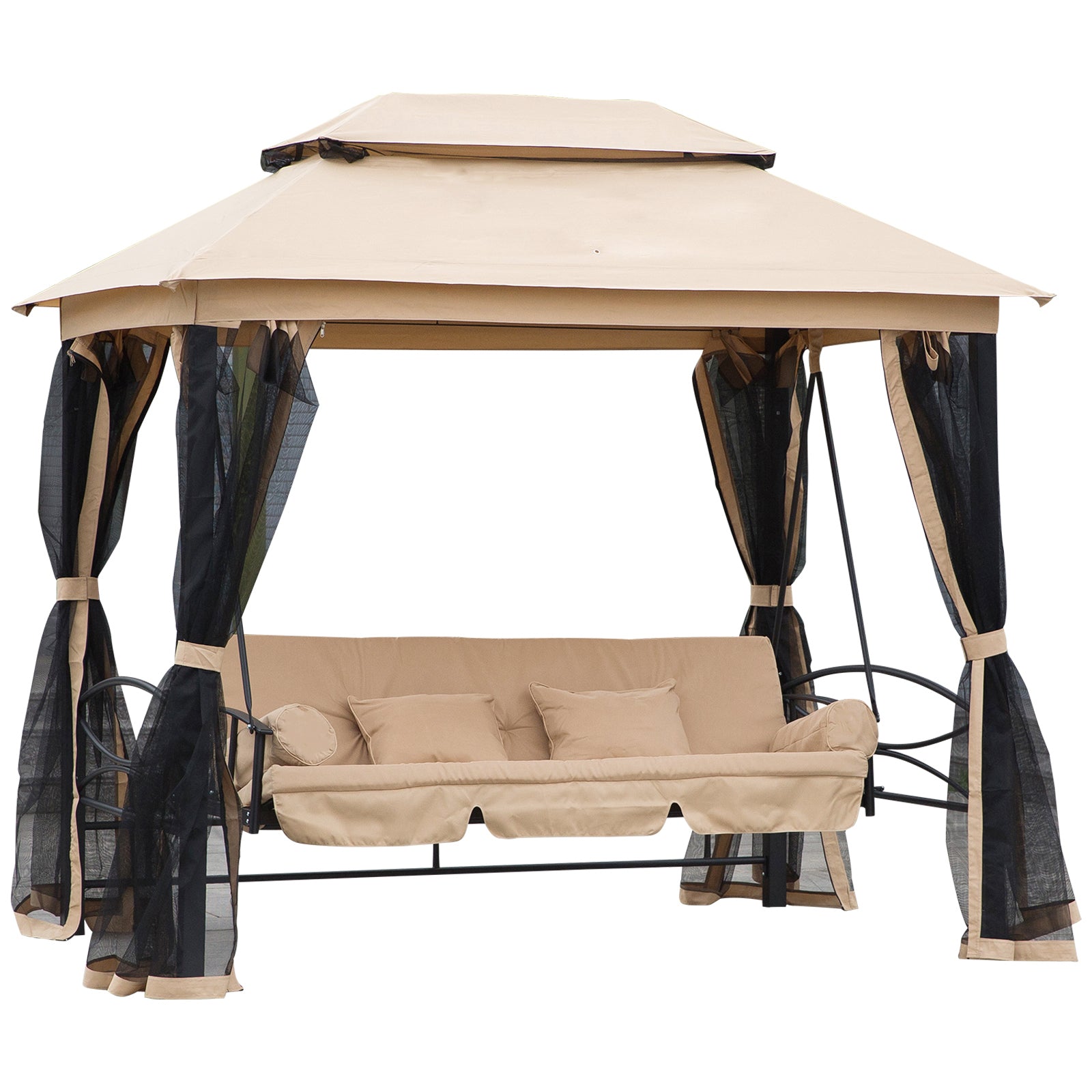 3 Seater Swing Chair 3-in-1 Convertible Garden Swing Seat Bed Gazebo Patio Bench Outdoor with Double Tier Canopy