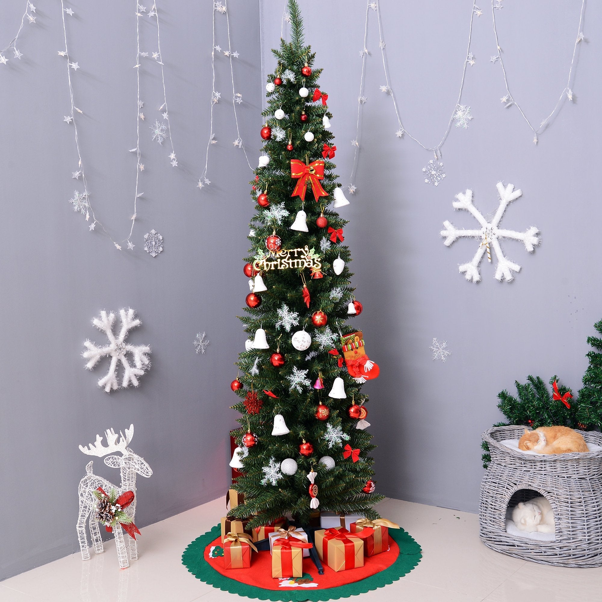 7 Foot Artificial Pine Pencil Slim Christmas Tree with 499 Branch Tips Xmas Holiday Décor with Stand Green