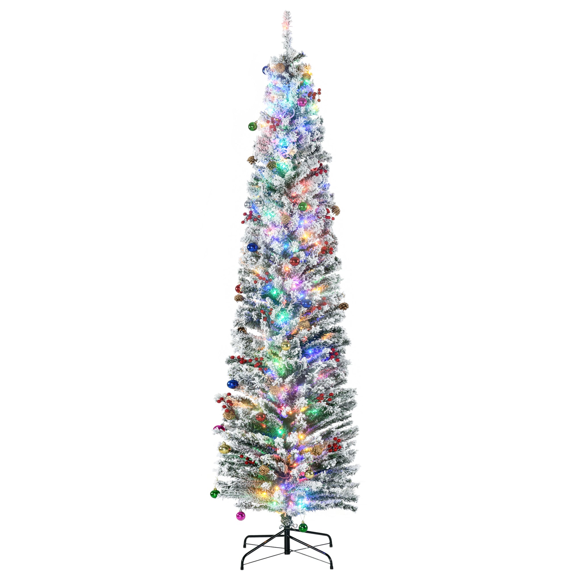 7ft Berries & Pinecones Christmas Tree Artificial - White Frosted Green with LED Lights Multicoloured 658 Tips