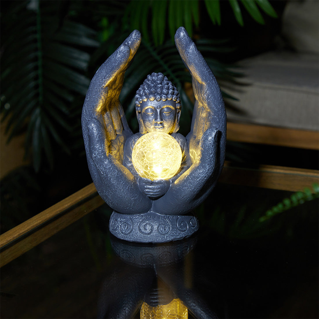 Buddha Globe Solar Garden Light Ornament Warm White LED - 21cm by Bright Garden