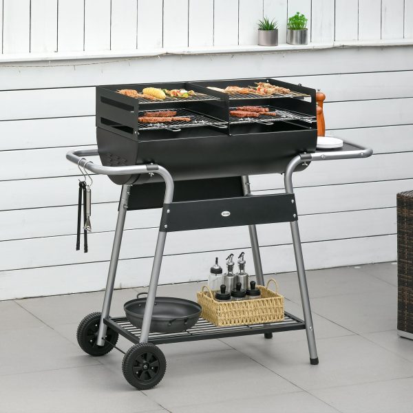 Charcoal Barbecue Grill BBQ Trolley with Double Grill