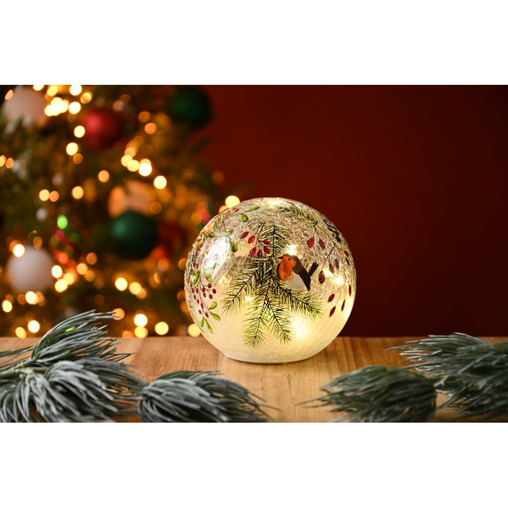 Christmas LED Christmas Robin & Berries Crackle Ball - 3.49cm