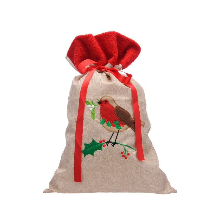 Christmas Sack Brown with Robin Pattern - 70cm