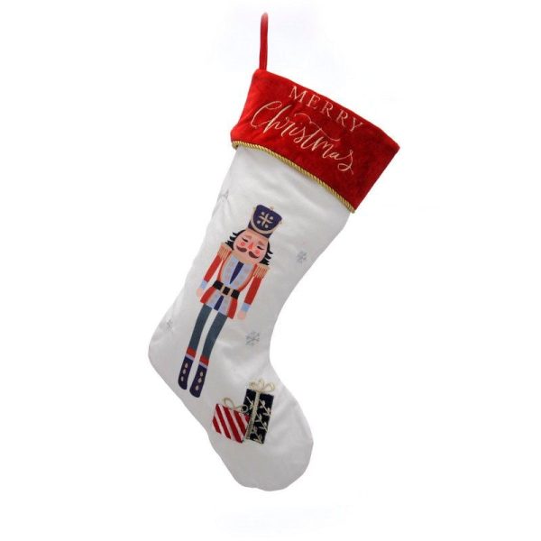 Christmas Stocking White & Red with Nutcracker Pattern - 56cm