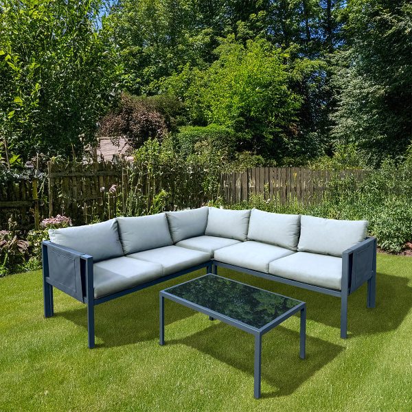 Contemporary Garden Corner Sofa Set Steel Light Grey Cushions by Croft - 4 Seat