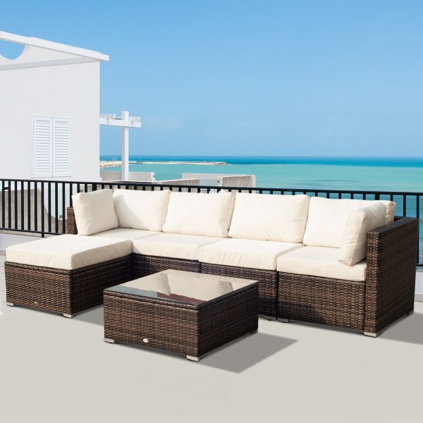 Garden Patio Rattan Furniture 6-Piece Wicker Weave Conservatory Sofa Chairs Table Set Brown Aluminium Frame