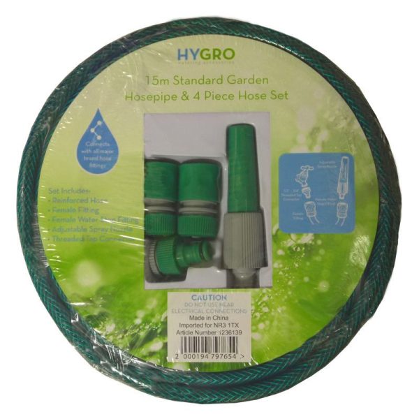 Hygro 15m Standard Garden Hosepipe & 4 Piece Hose Set