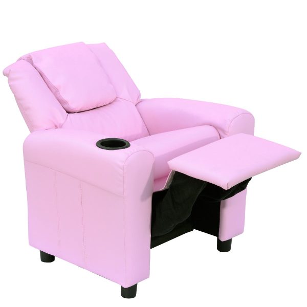 Kids Children Recliner Lounger Armchair Games Chair Sofa Seat PU Leather Look w/ Cup Holder Pink