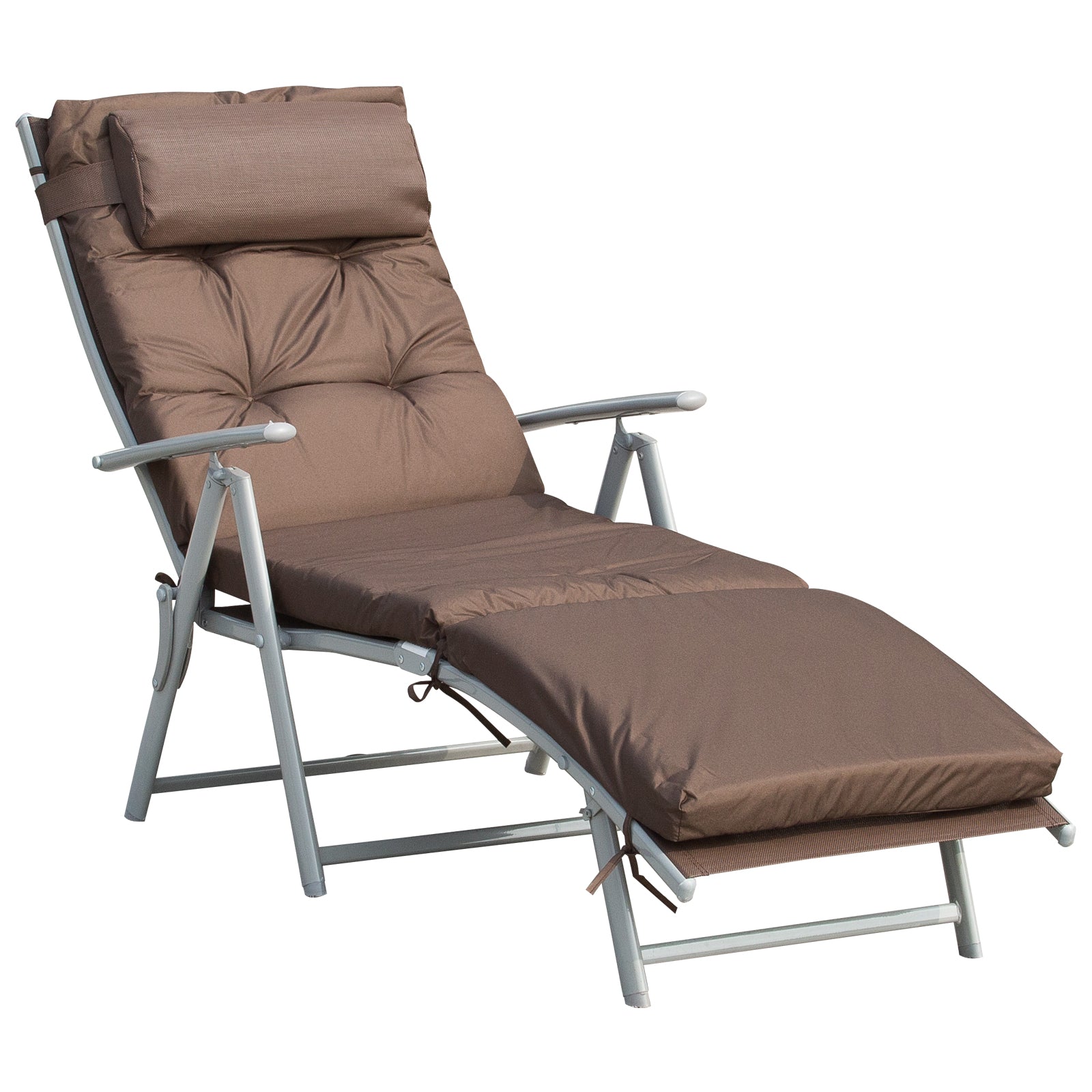 Outdoor Patio Sun Lounger Garden Texteline Foldable Reclining Chair Pillow Adjustable Recliner with Cushion - Brown