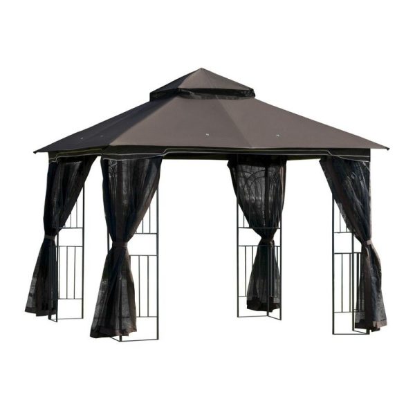 Outsunny 3 X 3M Metal Gazebo Garden Outdoor 2-Tier Roof Marquee Party Tent Canopy Pavillion Patio Shelter With Netting And Shelf Coffee