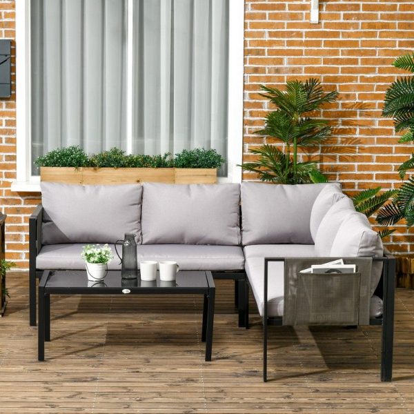 Outsunny 4 Piece Metal Garden Furniture Set with Tempered Glass Coffee Table