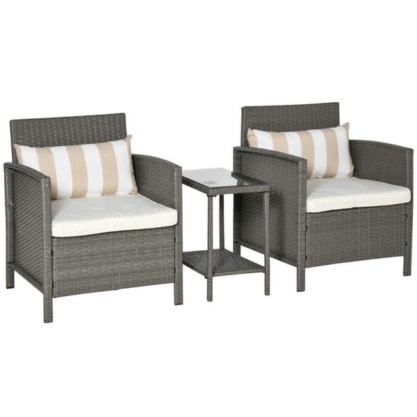 Outsunny Garden Outdoor Rattan Furniture 3 Pieces Patio Bistro Set Wicker Weave Conservatory Sofa Chair & Table Set With Cushion Pillow - Light Grey