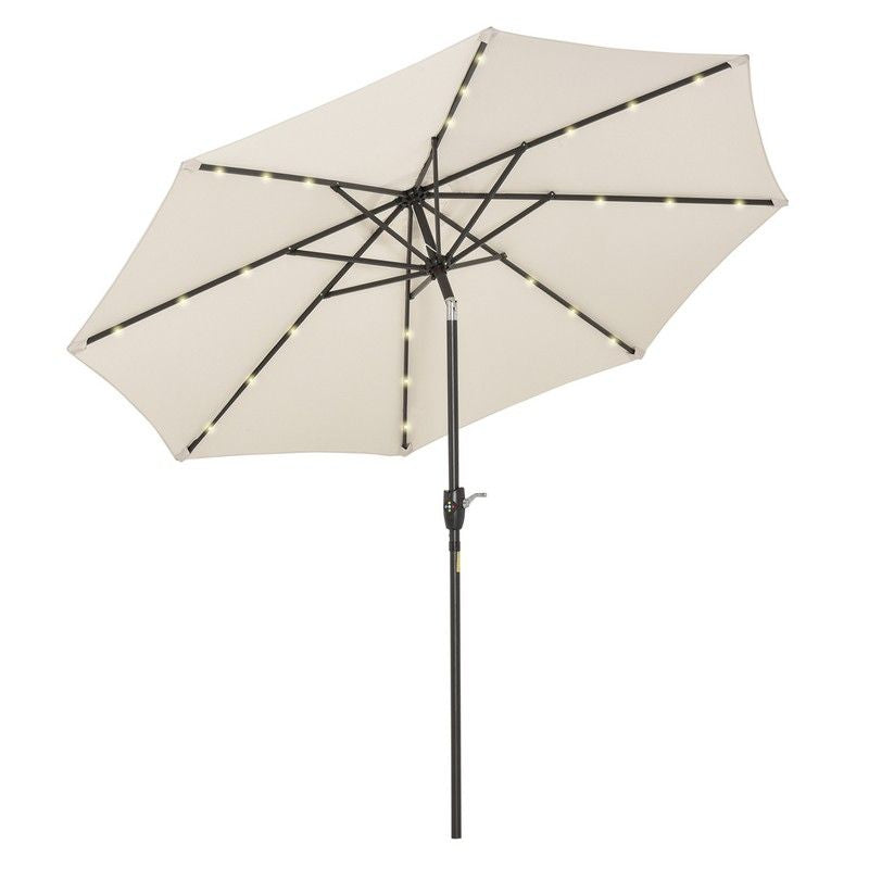 Outsunny Garden Parasol Outdoor Tilt Sun Umbrella Patio 24 Led Light Hand Crank Off-White