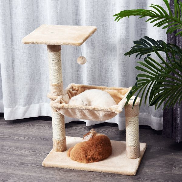 PawHut Cat Tree Hammock Bed Natural Sisal Scratching Post w/ Dangle Toy 2 Tier 70cm Pet Scratch Stand