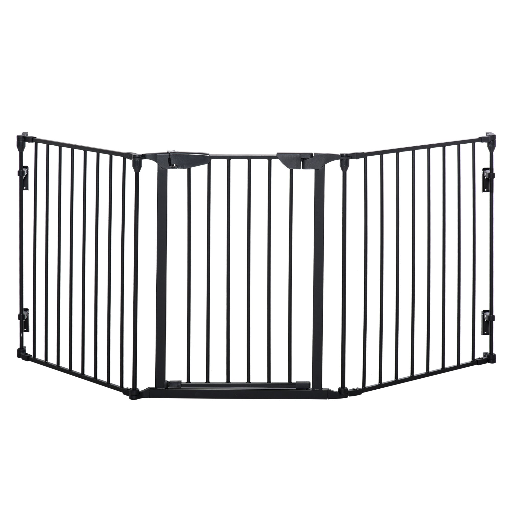 PawHut Pet Safety Gate 3-Panel Playpen Fireplace Christmas Tree Metal Fence Stair Barrier Room Divider with Walk Through Door Automatically Close Lock Black