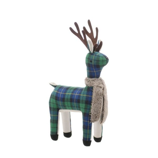 Reindeer Christmas Decoration Blue & Green with Tartan Pattern - 40cm