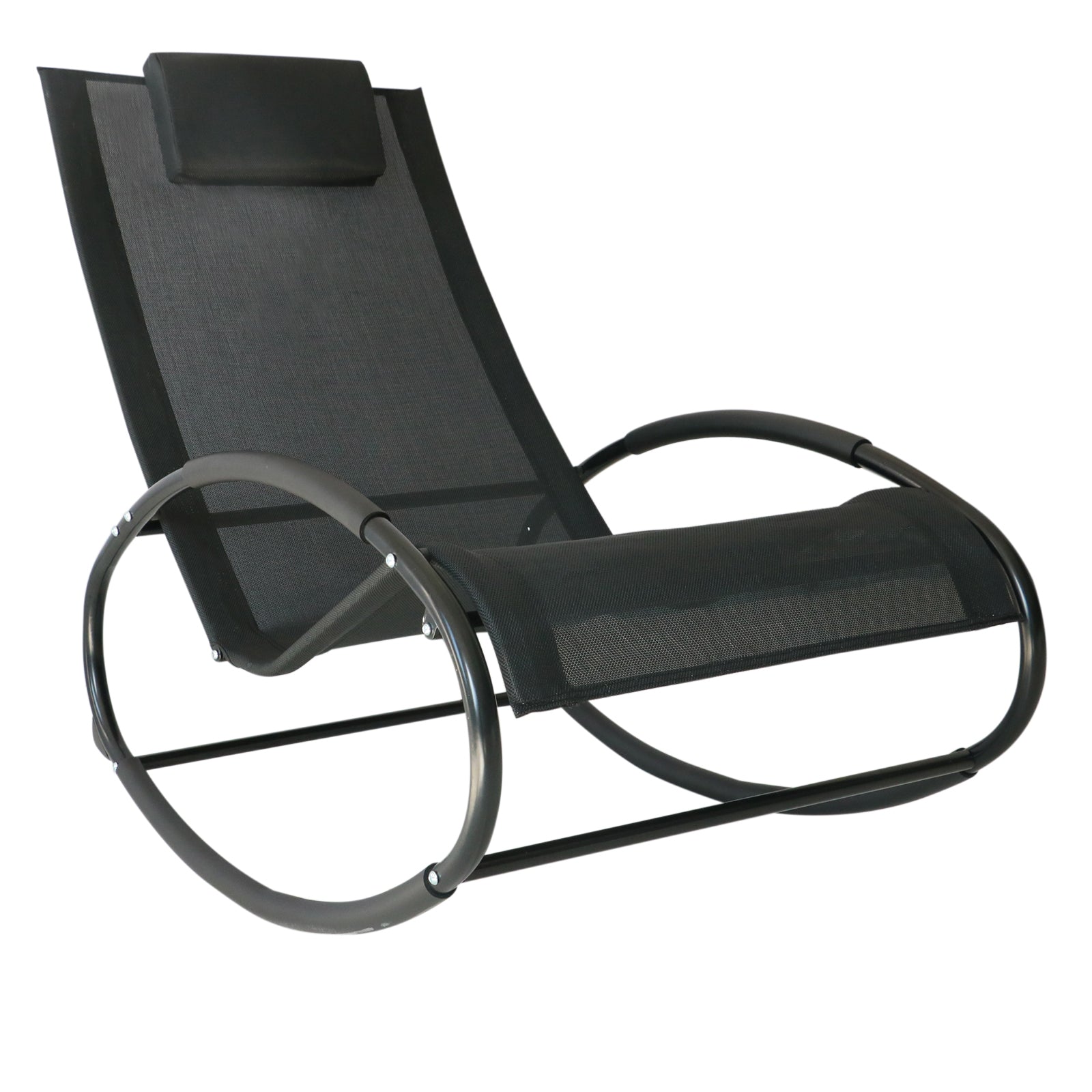 Rocking Chair Sun Lounger Recliner Rocker Texteline Fabric Patio Garden Relaxer with Pillow Black