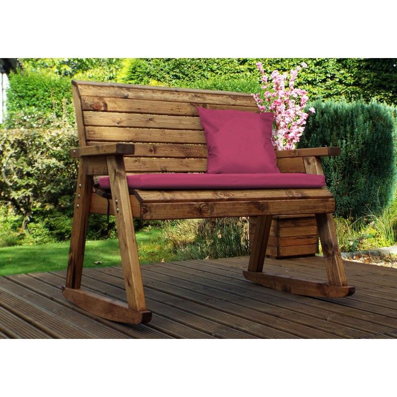 Scandinavian Redwood Garden Bench by Charles Taylor - 2 Seats Burgundy Cushions