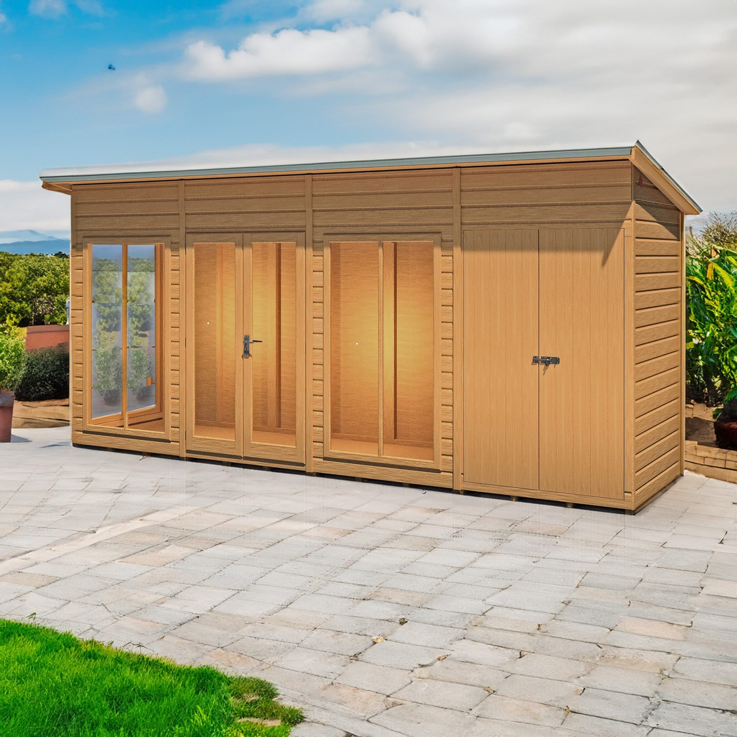 Shire Lela 4' 2" x 15' 7" Pent Summerhouse with Side Shed - Premium Dip Treated Shiplap