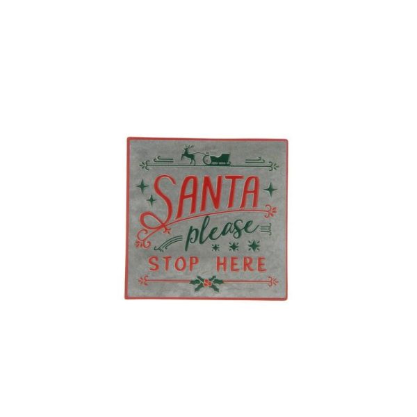 Sign Christmas Decoration Red & Green with "Santa Stop Here" Pattern - 30cm