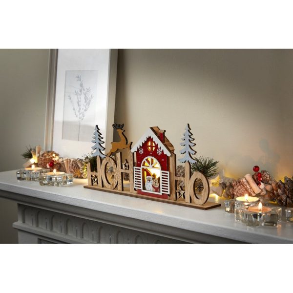 Wood Ho Ho Ho Christmas Decoration Sign 2 LED Warm White 33.5Cm by Astralis